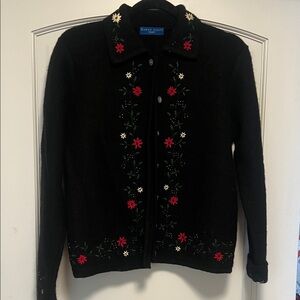 Karen Scott Black Cardigan with Floral Accents